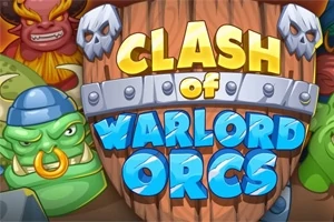 Renkli ork karakterleri ve kafatası sembolleri ile bezeli ahşap bir tabela üzerinde büyük, parlak harflerle yazılmış Clash of Warlord Orcs yazısı