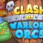 Renkli ork karakterleri ve kafatası sembolleri ile bezeli ahşap bir tabela üzerinde büyük, parlak harflerle yazılmış Clash of Warlord Orcs yazısı