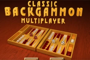 Tavla tahtası üzerinde yerleştirilmiş zarlar ve pullar, arka planda ise Classic Backgammon Multiplayer yazısı bulunuyor