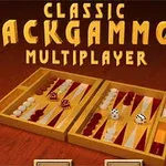 Tavla tahtası üzerinde yerleştirilmiş zarlar ve pullar, arka planda ise Classic Backgammon Multiplayer yazısı bulunuyor