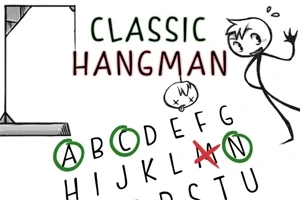 Çizgisel bir karakter, asılı duruma işaret eden bir sembol, alfabe harfleri ve Classic Hangman yazısı