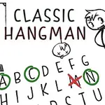 Çizgisel bir karakter, asılı duruma işaret eden bir sembol, alfabe harfleri ve Classic Hangman yazısı