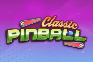 Mor ve pembe degrade arka plan üzerinde Classic Pinball yazısı, yeşil harfler ve iki flipper figürü ile gösterilmiştir