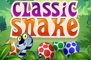 Renkli yazı tipleriyle classic snake metni, orman arka planı ve desenli yumurtaların yanında karikatür tarzında bir yılan