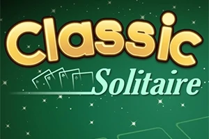 Yeşil arka plan üzerinde büyük harflerle Classic Solitaire yazısı ve çeşitli kart sembolleri