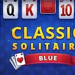 Mavi arka plan üzerinde kartlar ve Classic Solitaire Blue yazısı
