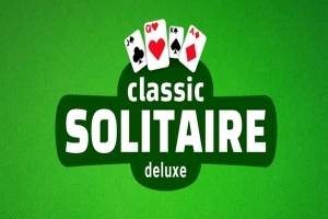 Yeşil arka plan üzerinde, üstte iskambil kartları ve ortada büyük beyaz yazıyla Classic Solitaire Deluxe yazısı