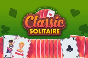 Yeşil bir arka planda, üzerlerinde kral, kraliçe ve sinek sembollerinin olduğu iskambil kartları ve Classic Solitaire yazısı