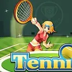 Sarı saçlı bir kadın, açık pembe spor kıyafetiyle tenis oynarken büyük bir tenis kortunda raket sallıyor ve ön planda Tennis yazısı bulunuyor