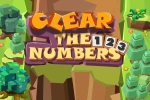 Renkli üç boyutlu ağaçlar ve bloklarla çevrili bir arazi üzerinde Clear the Numbers yazısı