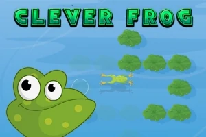 Mavi zemin üzerinde CLEVER FROG yazısı, mutlu bir kurbağa yüzü ve suyun üstünde duran yapraklar üzerinde zıplayan bir kurbağa