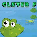 Mavi zemin üzerinde CLEVER FROG yazısı, mutlu bir kurbağa yüzü ve suyun üstünde duran yapraklar üzerinde zıplayan bir kurbağa