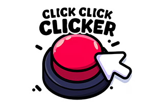 Kırmızı bir butona tıklayan beyaz bir ok simgesi ve üstünde CLICK CLICK CLICKER yazısı