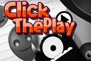 Kırmızı ve beyaz renklerde Click the Play yazısı, çeşitli gülümseyen çizgi yüzler ve bir oyun oynatma butonuyla birlikte gösteriliyor