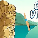 Kahverengi kayalıktan suya dalış yapan mavi şortlu bir adam görüntüsü ve yanında büyük harflerle Cliff Diving yazısı
