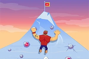 Bir erkek karakter, pembe tonlarında bir gökyüzü önünde mavi renkte bir dağa tırmanıyor; dağın zirvesinde kırmızı bir bayrak bulunuyor