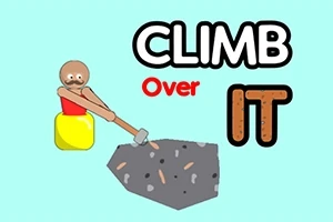 Kürekle kaya üzerinde duran sarı kap içindeki figür ve Climb Over It yazısı