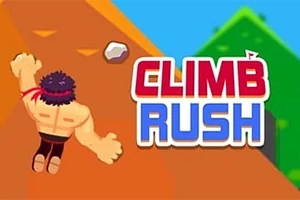 Kırmızı kafa bandı takmış bir karakter yamaç tırmanışı yaparken yanında Climb Rush yazısı bulunan renkli bir görsel