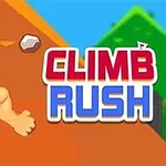 Kırmızı kafa bandı takmış bir karakter yamaç tırmanışı yaparken yanında Climb Rush yazısı bulunan renkli bir görsel
