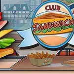 Çizgi film tarzında bir kafe ortamında masanın üzerinde patates kızartması ve büyük bir kulüp sandviç resmi