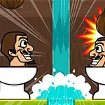 İki karikatür karakter tuvaletlerde oturuyor, üzerlerine hindistan cevizleri düşüyor