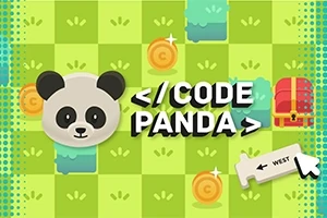 Panda yüzü, CODE PANDA yazısı, bozuk para, hazine sandığı ve yön oku bulunan renkli oyun ekranı