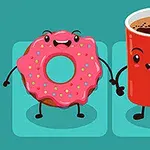 Pembe bir donut ve kırmızı bir kahve fincanı, sevimli yüz ifadeleriyle el ele tutuşmuş şekilde çizilmiş