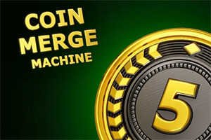 Koyu yeşil fonda, COIN MERGE MACHINE yazısı ve üzerinde büyük sarı 5 bulunan altın renkli madeni para
