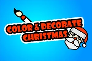 Mavi bir arka plan üzerinde, kırmızı renkte Color & Decorate Christmas metni ve Noel Babanın basit bir çizimi