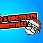 Mavi bir arka plan üzerinde, kırmızı renkte Color & Decorate Christmas metni ve Noel Babanın basit bir çizimi