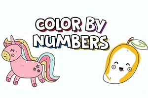 Color by Numbers yazısı, pembe bir unicorn ve sevimli yüzü olan armut çizimi