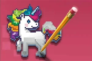 Pembe arka planda, gökkuşağı renklerinde yelesi olan piksel tarzında bir unicorn ve yanında bir kurşun kalem