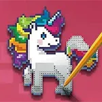 Pembe arka planda, gökkuşağı renklerinde yelesi olan piksel tarzında bir unicorn ve yanında bir kurşun kalem