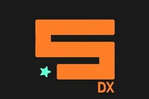 Turuncu bir S harfi ve sol alt köşesinde yeşil bir yıldız bulunan siyah arka plan üzerinde DX harflerinden oluşan minimalist bir logo