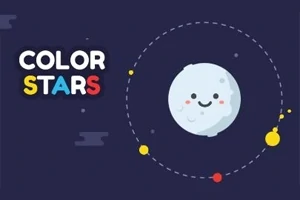 Gülen bir gezegenin etrafında dönen renkli gezegenler ve COLOR STARS yazısı