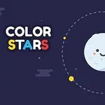Gülen bir gezegenin etrafında dönen renkli gezegenler ve COLOR STARS yazısı