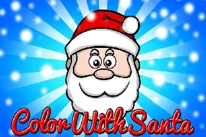 Noel Babanın yüzü, mavi ve beyaz parlayan bir arka plan önünde, Color With Santa yazısıyla birlikte