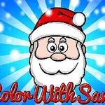 Noel Babanın yüzü, mavi ve beyaz parlayan bir arka plan önünde, Color With Santa yazısıyla birlikte
