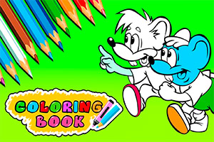 Renkli arka planda iki sevimli çizgi karakter, renkli kalemler ve Coloring Book yazısı