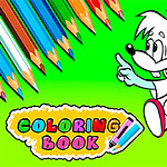 Renkli arka planda iki sevimli çizgi karakter, renkli kalemler ve Coloring Book yazısı