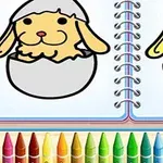 Renkli boya kalemleriyle çevrili bir defter üzerinde bir yumurtadan çıkan iki tatlı köpek çizimi