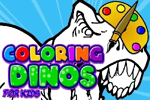 Dinozor çizimi önünde, boya paleti ve fırçası ile renkli Coloring Dinos for Kids yazısı
