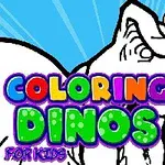 Dinozor çizimi önünde, boya paleti ve fırçası ile renkli Coloring Dinos for Kids yazısı
