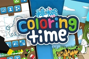 Renkli harflerle coloring time yazısı ve çevresinde boyama yapan çocuklara yönelik çizimlerle dolu bir arka plan