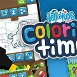Renkli harflerle coloring time yazısı ve çevresinde boyama yapan çocuklara yönelik çizimlerle dolu bir arka plan