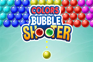 Renkli baloncuklarla çevrili Colors Bubble Shooter yazısı ve altta sarı baloncuk atışı