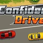 Yolun kenarında duran kırmızı ve sarı arabaların üzerinde Confident Driver yazısı bulunmaktadır