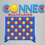 Mavi bir oyun tahtasında kırmızı ve sarı dairelerin sıralandığı bir düzenek ve üzerinde Connect 4 Multiplayer yazısı