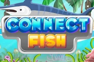Renkli CONNECT FISH yazısının üzerinde kılıç balığı ve arka planda tropikal bitkilerle deniz teması