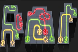 Connect It Parlak neon renklerle yeşil, sarı ve kırmızı elektrik devresi yolları ile dolu bir kareler labirenti